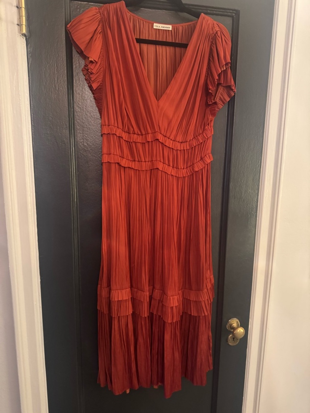 Ulla Johnson Pleated V-Neck Maxi Dress in Rust